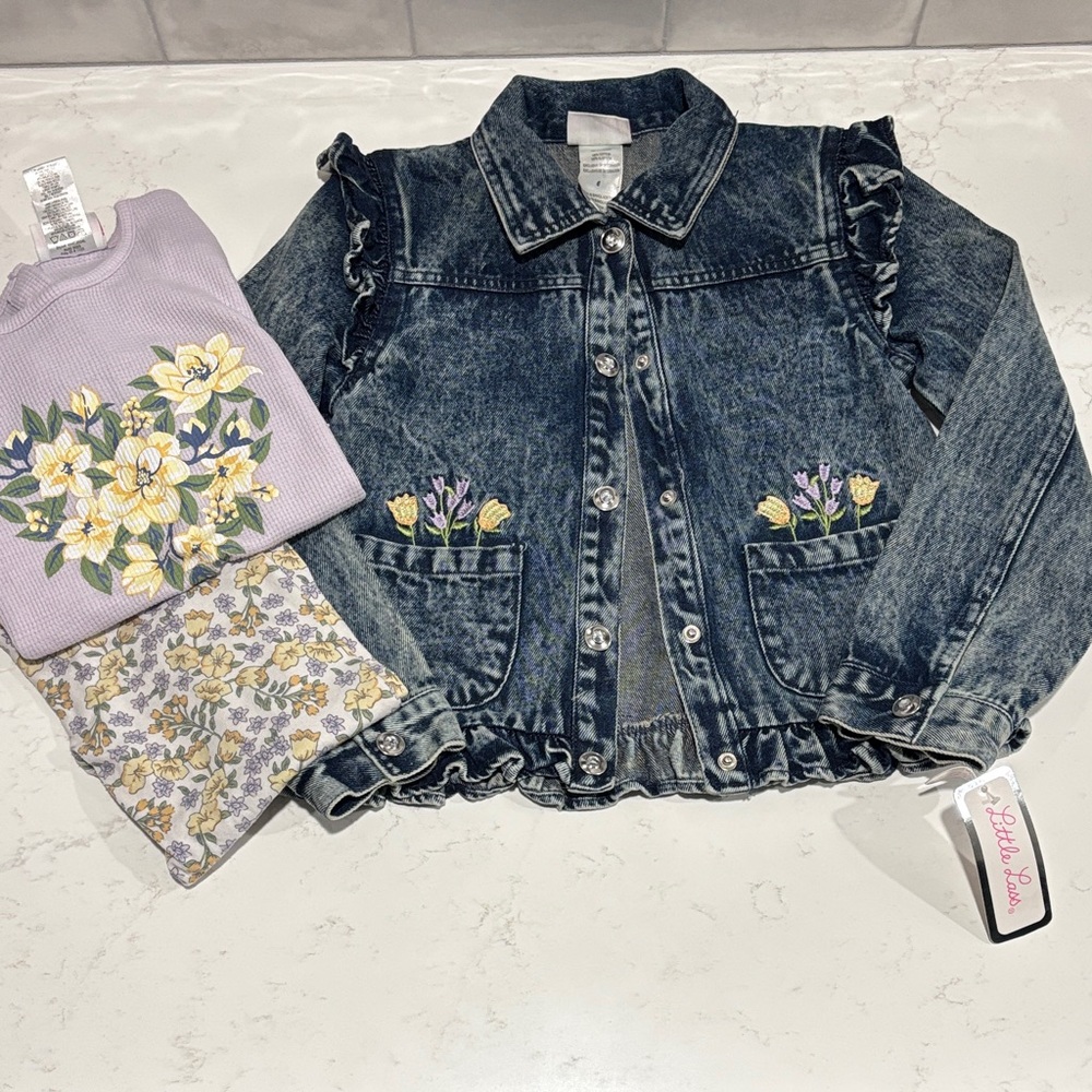 Little Lass Dark Denim Jacket with Floral Accents, shirt, leggings - Size 6